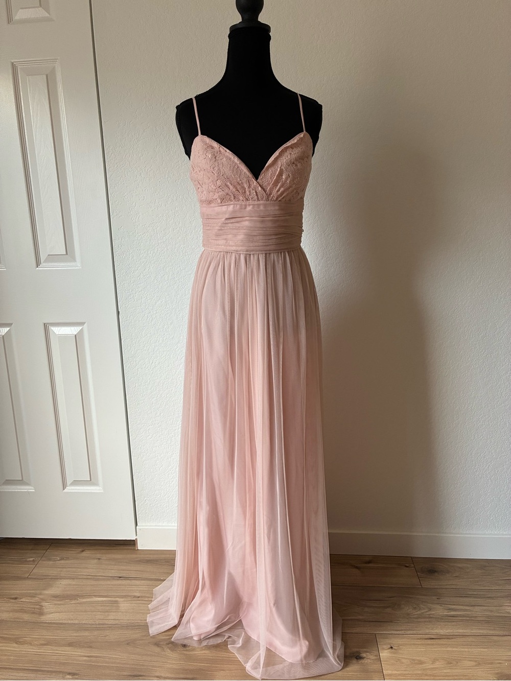 Blush Pink Lace & Chiffon Maxi Dress with Spaghetti Straps